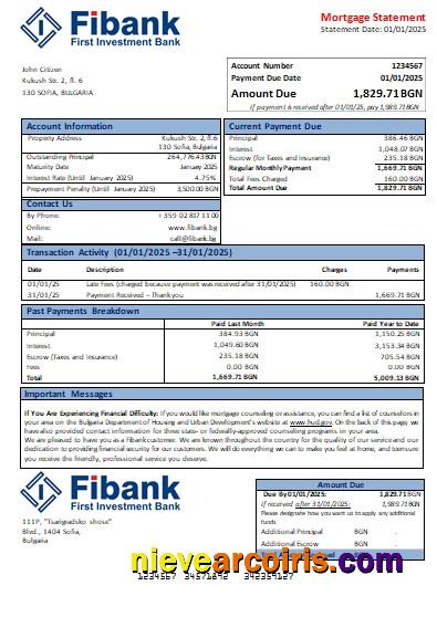 Bulgaria Fibank bank mortgage statement